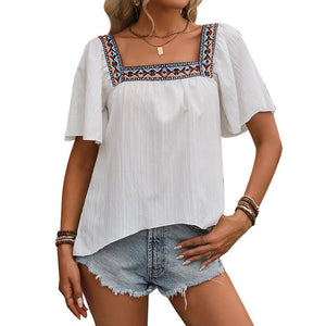 an and n summer vacation lace embroidery square collar shirt pullover lotus leaf short sleeve backless shirt women's clothing - Negative Apparel