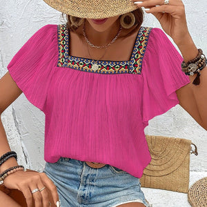 an and n summer vacation lace embroidery square collar shirt pullover lotus leaf short sleeve backless shirt women's clothing - Negative Apparel