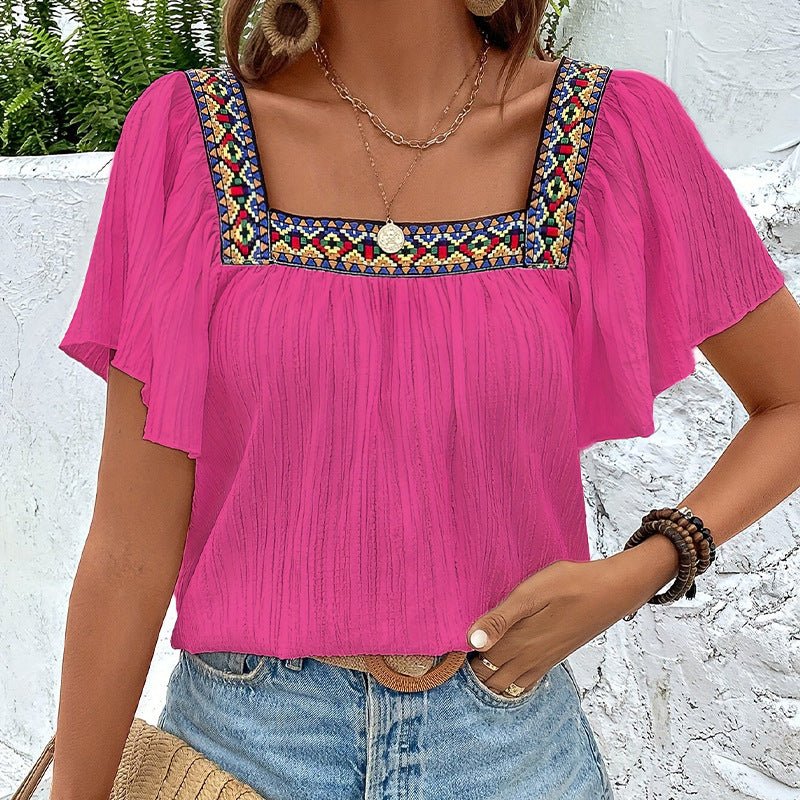 an and n summer vacation lace embroidery square collar shirt pullover lotus leaf short sleeve backless shirt women's clothing - Negative Apparel