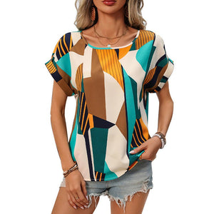 an and n travel vacation pattern shirt women's summer temperament curling short - sleeved round neck pullover shirt - Negative Apparel