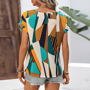 an and n travel vacation pattern shirt women's summer temperament curling short - sleeved round neck pullover shirt - Negative Apparel