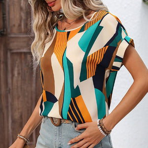 an and n travel vacation pattern shirt women's summer temperament curling short - sleeved round neck pullover shirt - Negative Apparel