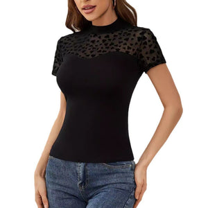 and the 2025 new mesh love splicing short - sleeved small stand - up collar fashion slim T-shirt top women - Negative Apparel