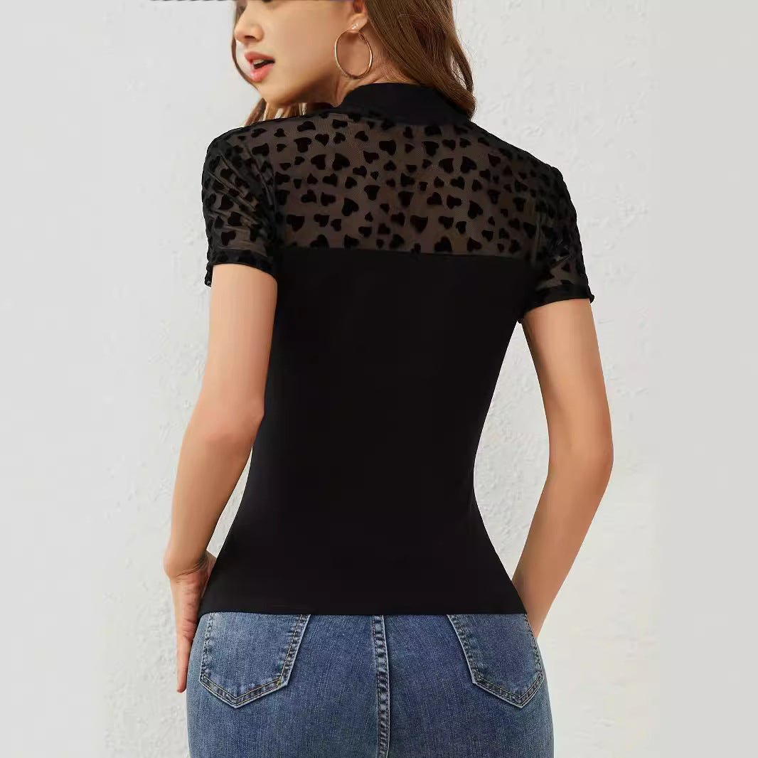 and the 2025 new mesh love splicing short - sleeved small stand - up collar fashion slim T-shirt top women - Negative Apparel
