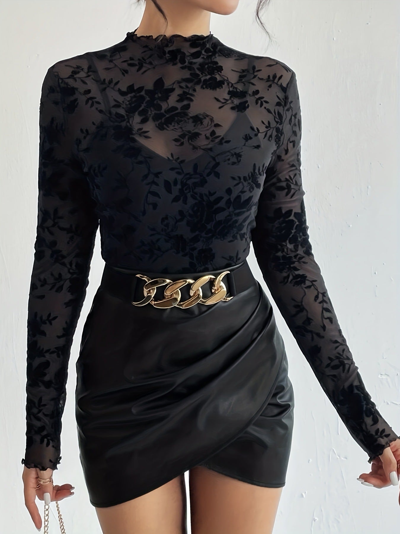 and the 2025 new sexy single - layer brateless stand - up collar mesh bottoming shirt top women's T-shirt - Negative Apparel