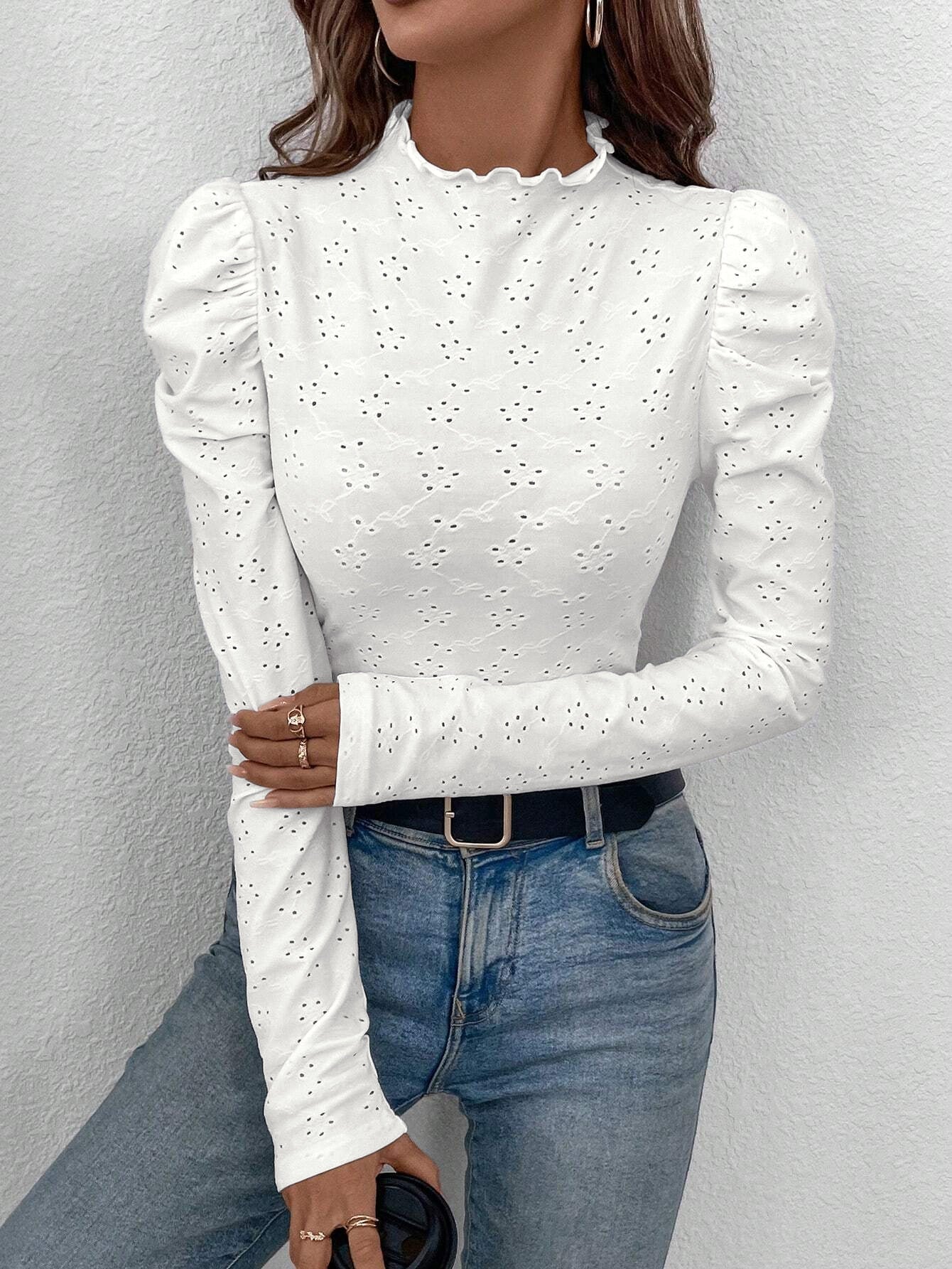 and the 2025 spring elegant women's solid color wood ear edge embroidery fabric slim long - sleeved T-shirt top women - Negative Apparel