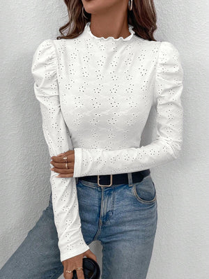 and the 2025 spring elegant women's solid color wood ear edge embroidery fabric slim long - sleeved T-shirt top women - Negative Apparel