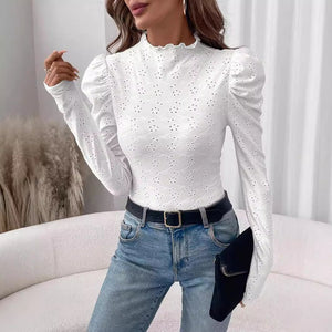 and the 2025 spring elegant women's solid color wood ear edge embroidery fabric slim long - sleeved T-shirt top women - Negative Apparel