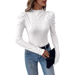 and the 2025 spring elegant women's solid color wood ear edge embroidery fabric slim long - sleeved T-shirt top women - Negative Apparel