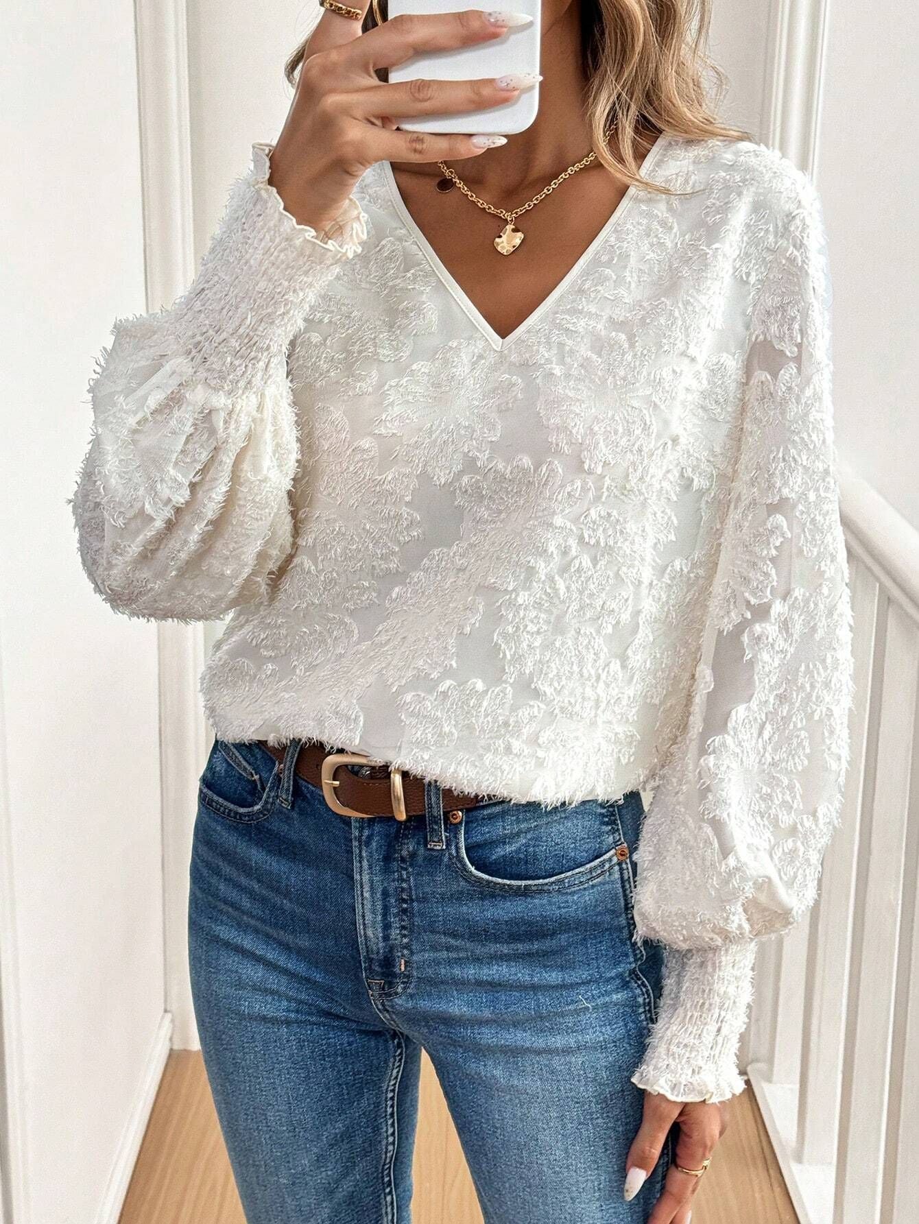 and the 2025 spring new women's V - neck lantern sleeve embroidery casual romantic white shirt top - Negative Apparel