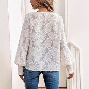 and the 2025 spring new women's V - neck lantern sleeve embroidery casual romantic white shirt top - Negative Apparel