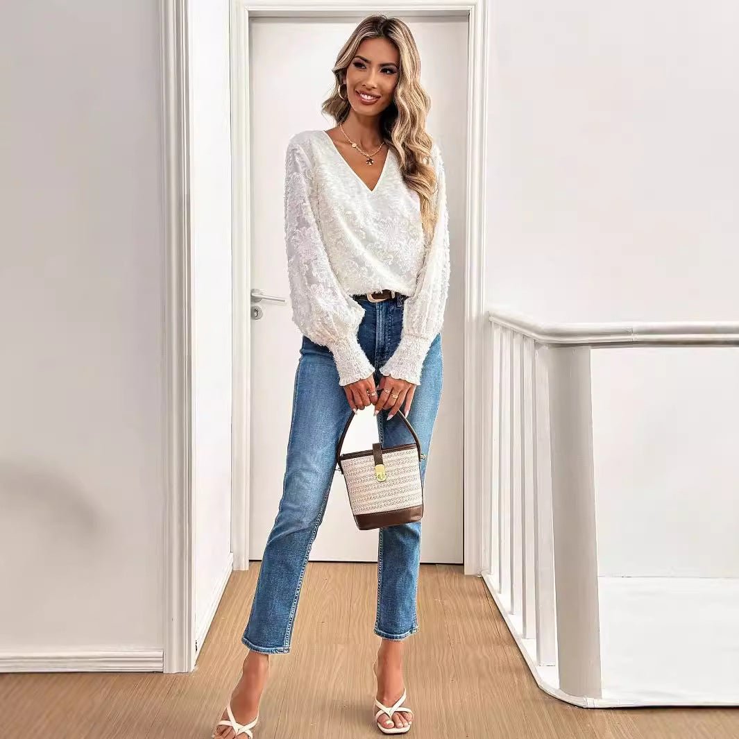 and the 2025 spring new women's V - neck lantern sleeve embroidery casual romantic white shirt top - Negative Apparel