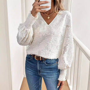 and the 2025 spring new women's V - neck lantern sleeve embroidery casual romantic white shirt top - Negative Apparel