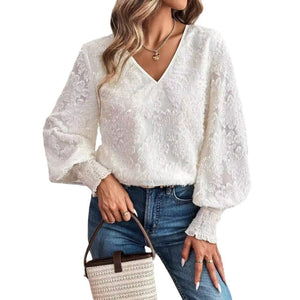 and the 2025 spring new women's V - neck lantern sleeve embroidery casual romantic white shirt top - Negative Apparel