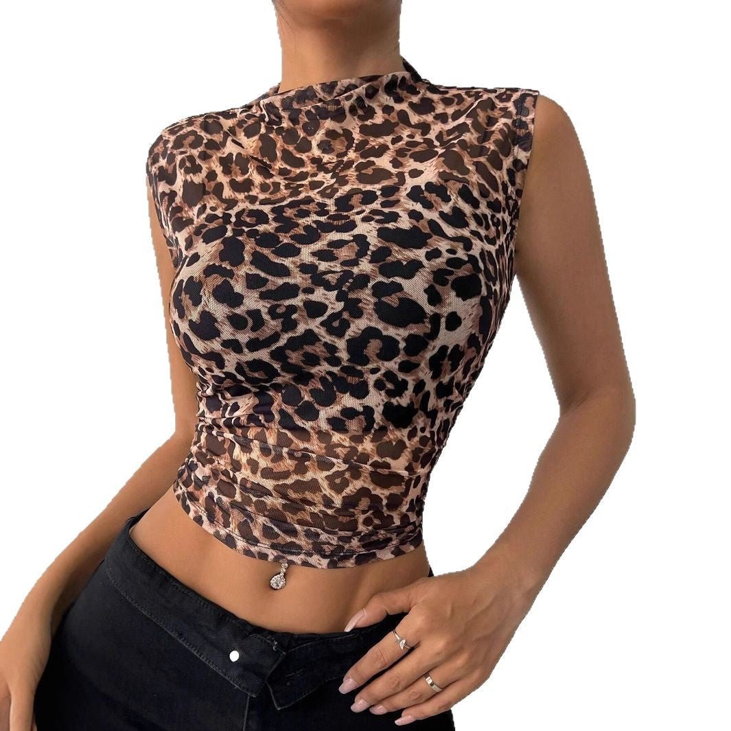 and the 2025 summer new women's clothing top slim and thin sleeveless leopard print stand - up collar sexy women's T-shirt - Negative Apparel