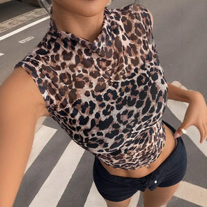 and the 2025 summer new women's clothing top slim and thin sleeveless leopard print stand - up collar sexy women's T-shirt - Negative Apparel