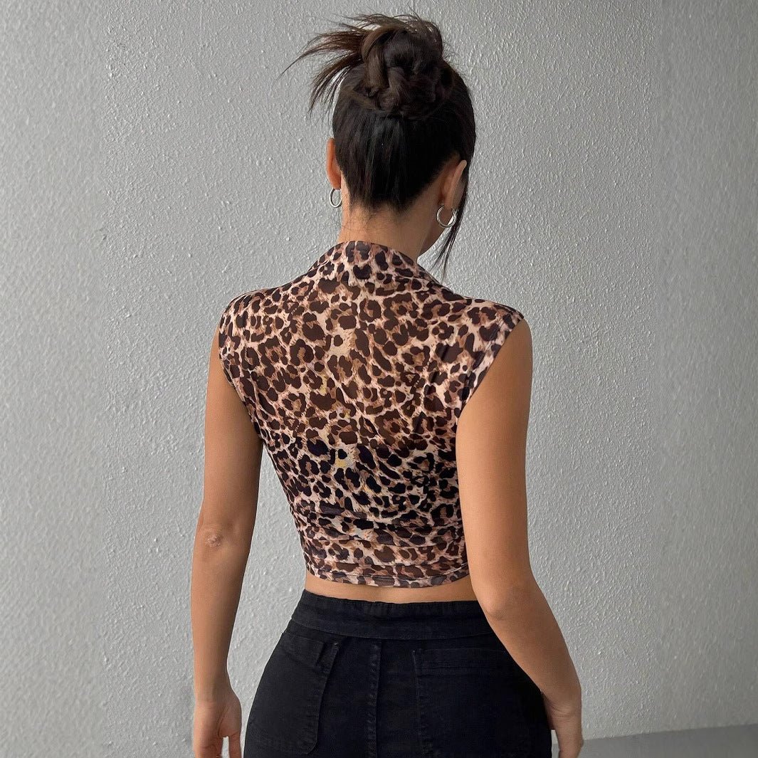 and the 2025 summer new women's clothing top slim and thin sleeveless leopard print stand - up collar sexy women's T-shirt - Negative Apparel