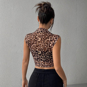 and the 2025 summer new women's clothing top slim and thin sleeveless leopard print stand - up collar sexy women's T-shirt - Negative Apparel