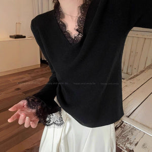 Andy velvet gentle slack v - neck lace splicing knitted bottoming top pure desire new knitted long - sleeved sweater - Negative Apparel