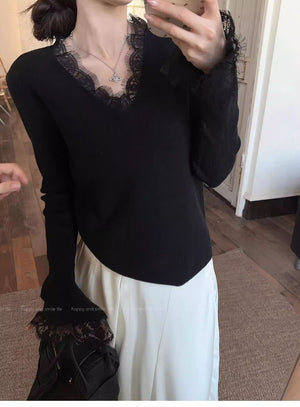 Andy velvet gentle slack v - neck lace splicing knitted bottoming top pure desire new knitted long - sleeved sweater - Negative Apparel