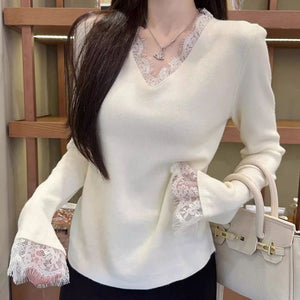 Andy velvet gentle slack v - neck lace splicing knitted bottoming top pure desire new knitted long - sleeved sweater - Negative Apparel