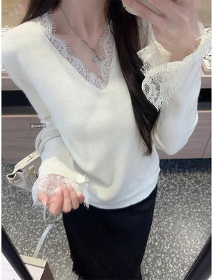 Andy velvet gentle slack v - neck lace splicing knitted bottoming top pure desire new knitted long - sleeved sweater - Negative Apparel
