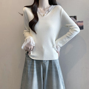 Andy velvet gentle slack v - neck lace splicing knitted bottoming top pure desire new knitted long - sleeved sweater - Negative Apparel