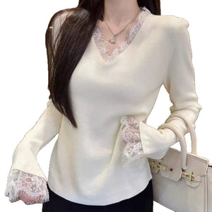 Andy velvet gentle slack v - neck lace splicing knitted bottoming top pure desire new knitted long - sleeved sweater - Negative Apparel