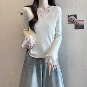 Andy velvet gentle slack v - neck lace splicing knitted bottoming top pure desire new knitted long - sleeved sweater - Negative Apparel