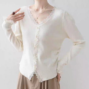 Andy velvet new lace splicing V - neck sweater knitted sweater pearl buckle age - reducing design women's foreign style top - Negative Apparel