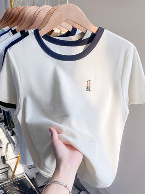 Apricot cotton short - sleeved women's summer 2025 new design embroidered T-shirt thin waffle slim top - Negative Apparel