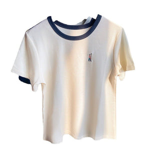 Apricot cotton short - sleeved women's summer 2025 new design embroidered T-shirt thin waffle slim top - Negative Apparel