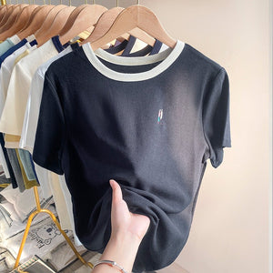 Apricot cotton short - sleeved women's summer 2025 new design embroidered T-shirt thin waffle slim top - Negative Apparel