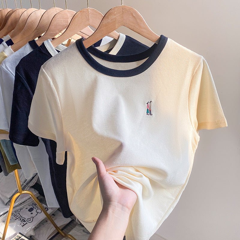 Apricot cotton short - sleeved women's summer 2025 new design embroidered T-shirt thin waffle slim top - Negative Apparel