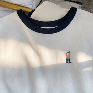 Apricot cotton short - sleeved women's summer 2025 new design embroidered T-shirt thin waffle slim top - Negative Apparel