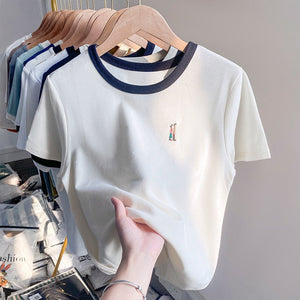 Apricot cotton short - sleeved women's summer 2025 new design embroidered T-shirt thin waffle slim top - Negative Apparel
