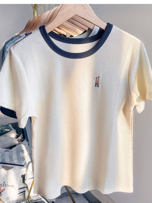 Apricot cotton short - sleeved women's summer 2025 new design embroidered T-shirt thin waffle slim top - Negative Apparel