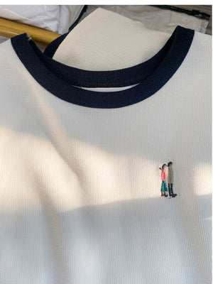 Apricot cotton short - sleeved women's summer 2025 new design embroidered T-shirt thin waffle slim top - Negative Apparel