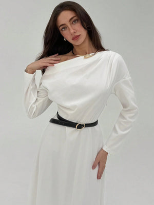 Asymmetrical Shoulder Casual A - Line Dress FD - Negative Apparel