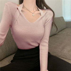 Autumn and winter design sense V - neck neck knitted sweater female slim and thin inside sweater outside chic long - sleeved top tide - Negative Apparel