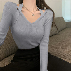 Autumn and winter design sense V - neck neck knitted sweater female slim and thin inside sweater outside chic long - sleeved top tide - Negative Apparel