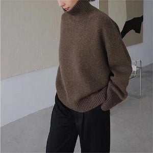 Autumn and winter Korean version of fashion high - end solid color turtleneck pullover, loose and lazy outer wear women's European station retro top - Negative Apparel