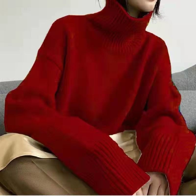 Autumn and winter Korean version of fashion high - end solid color turtleneck pullover, loose and lazy outer wear women's European station retro top - Negative Apparel