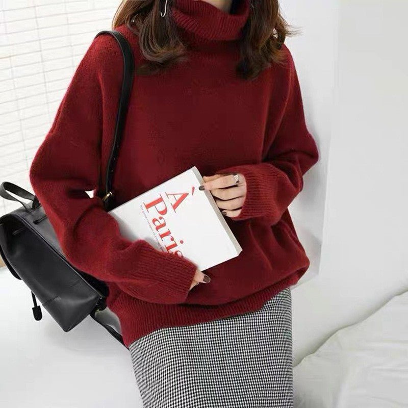 Autumn and winter Korean version of fashion high - end solid color turtleneck pullover, loose and lazy outer wear women's European station retro top - Negative Apparel