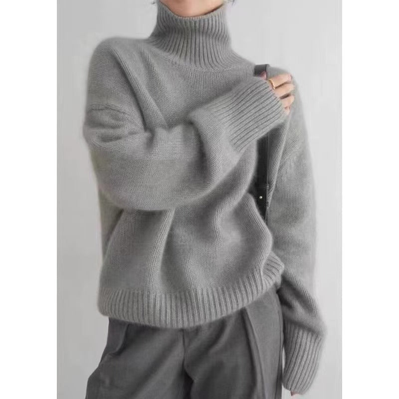 Autumn and winter Korean version of fashion high - end solid color turtleneck pullover, loose and lazy outer wear women's European station retro top - Negative Apparel