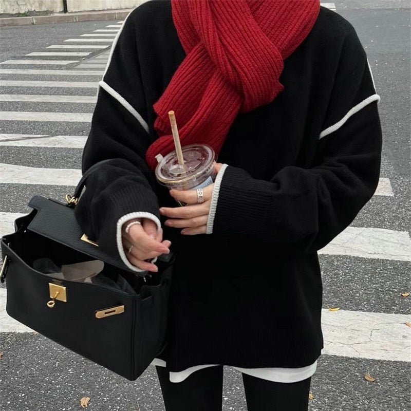 Autumn and winter Korean version sweater women's literary and retro loose and simple crew neck top design contrasting color versatile pullover knitted sweater - Negative Apparel