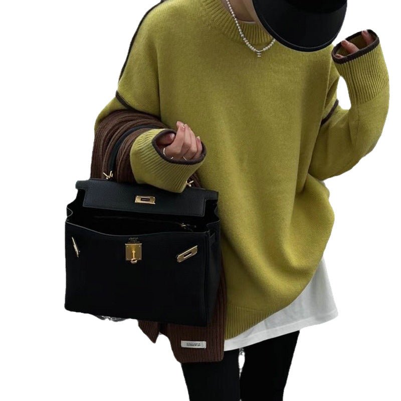 Autumn and winter Korean version sweater women's literary and retro loose and simple crew neck top design contrasting color versatile pullover knitted sweater - Negative Apparel