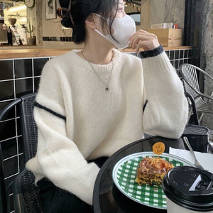 Autumn and winter Korean version sweater women's literary and retro loose and simple crew neck top design contrasting color versatile pullover knitted sweater - Negative Apparel