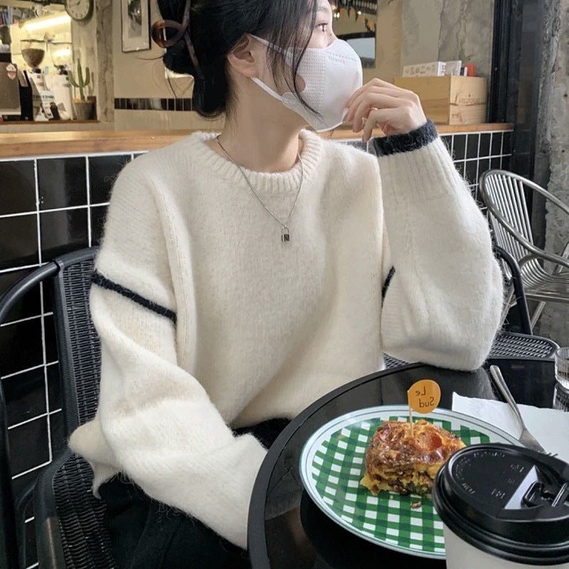 Autumn and winter Korean version sweater women's literary and retro loose and simple crew neck top design contrasting color versatile pullover knitted sweater - Negative Apparel