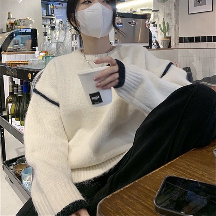 Autumn and winter Korean version sweater women's literary and retro loose and simple crew neck top design contrasting color versatile pullover knitted sweater - Negative Apparel